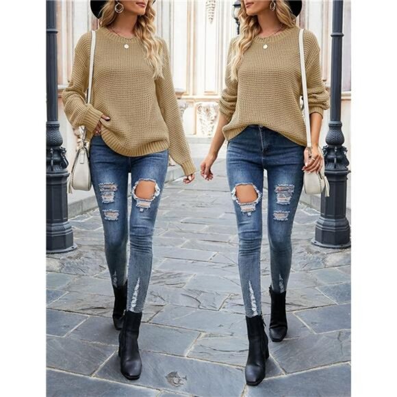 ✨ Women’s Waffle Knit Pullover Sweater | Lantern Sleeve Crewneck Loose Fit ✨ - Picture 6 of 6